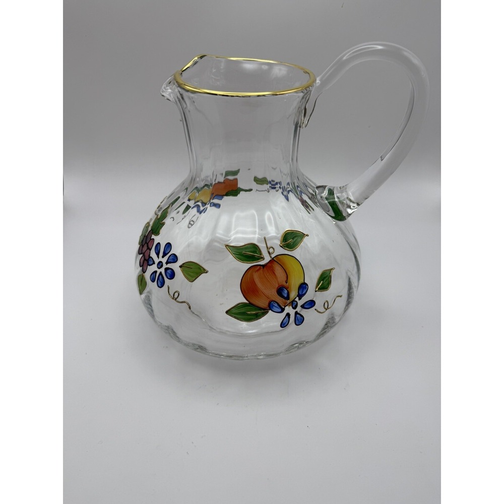 Vtg. Fifth Ave Crystal Ltd. Romanian Glass Hand Painted Pitcher 22k Gold,‎ Large